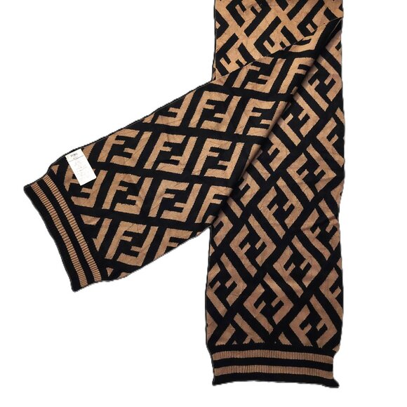 Vintage FENDI Black & Brown Monogram Print Cashmere Scarf with Stripe Trim - Picture 2 of 9